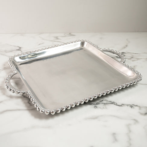 Polished Aluminum Beaded Tray With Handles