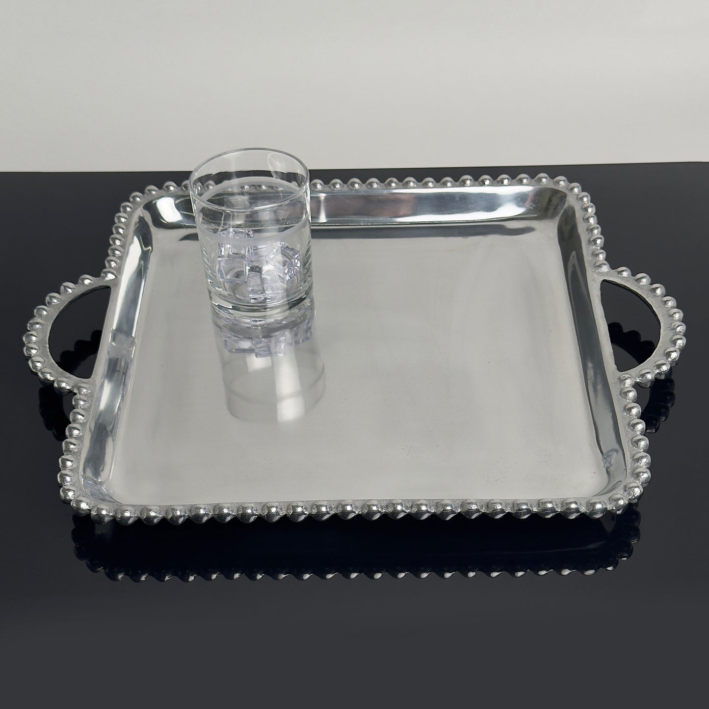 Polished Aluminum Beaded Tray With Handles